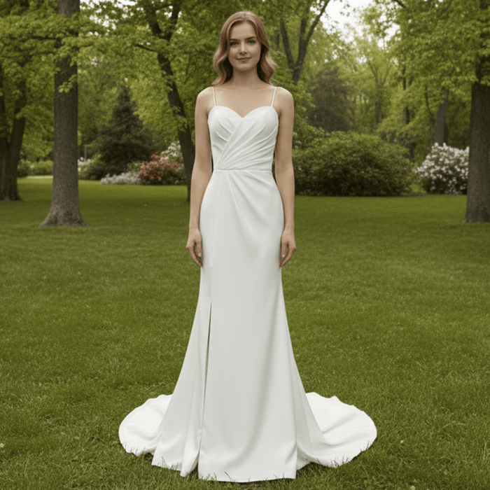 Spaghetti Strap Simple Satin Mermaid Wedding Dress with Leg Slit - Rosymae