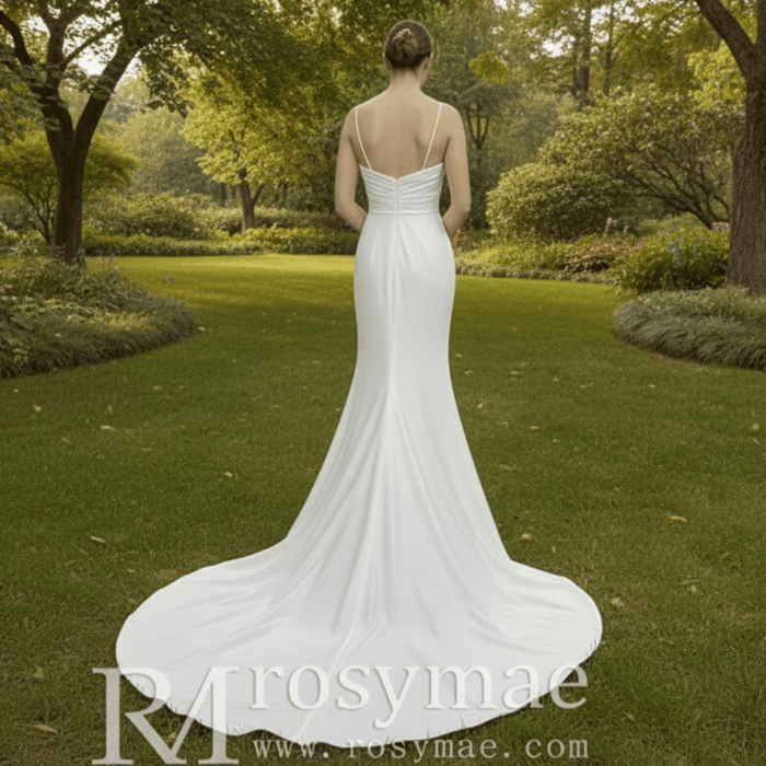 Spaghetti Strap Simple Satin Mermaid Wedding Dress with Leg Slit - Rosymae