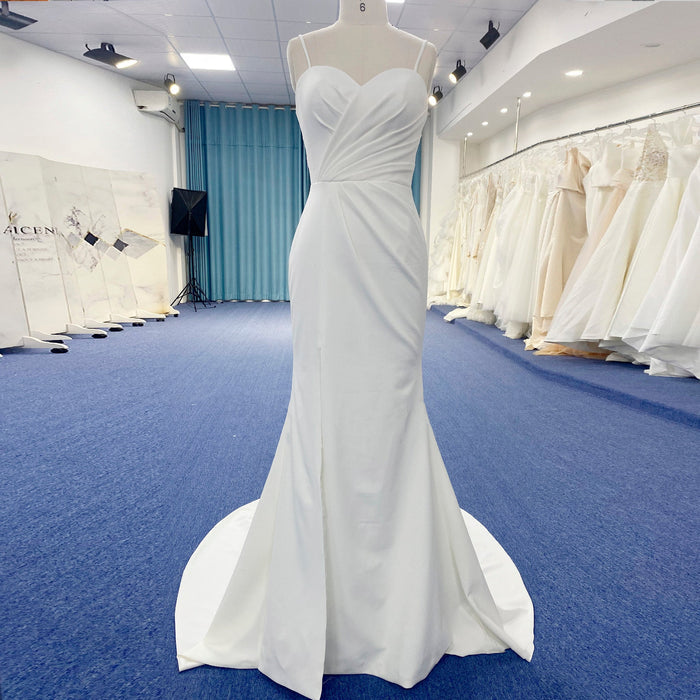 Spaghetti Strap Simple Satin Mermaid Wedding Dress with Leg Slit - Rosymae