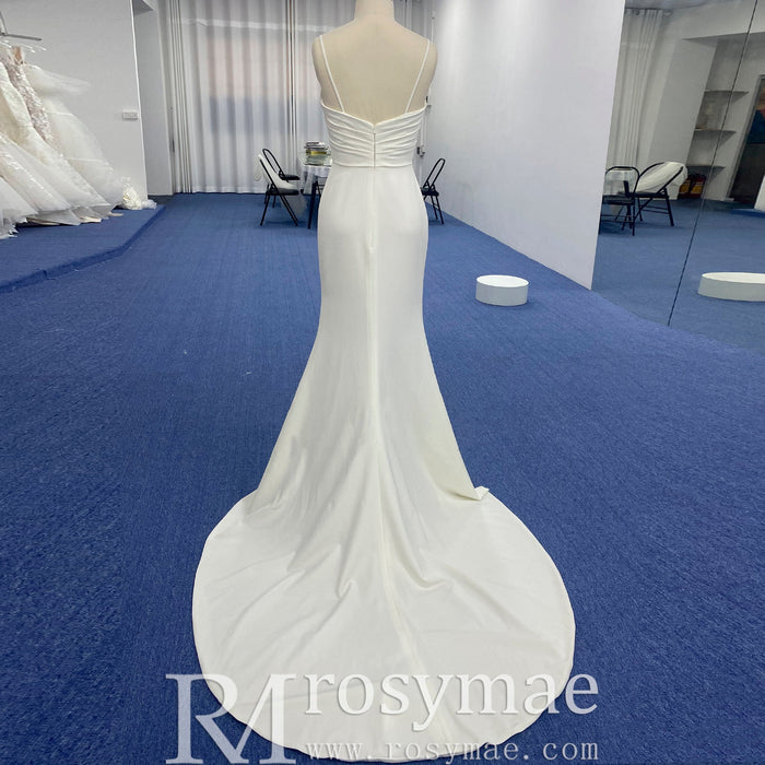 Spaghetti Strap Simple Satin Mermaid Wedding Dress with Leg Slit - Rosymae