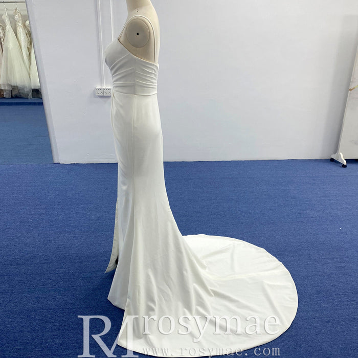 Spaghetti Strap Simple Satin Mermaid Wedding Dress with Leg Slit - Rosymae