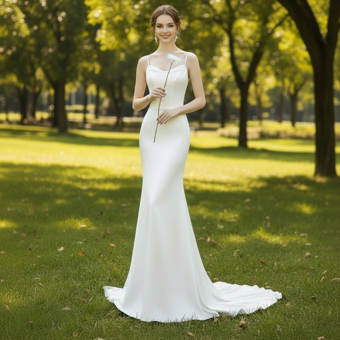 Spaghetti Straps Simple Satin Mermaid Wedding Dress with Open Back - Rosymae