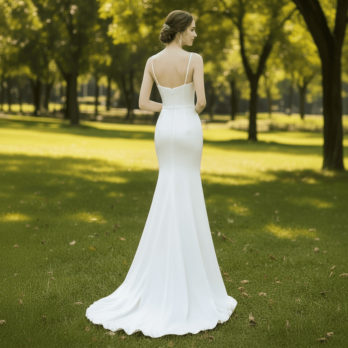 Spaghetti Straps Simple Satin Mermaid Wedding Dress with Open Back - Rosymae