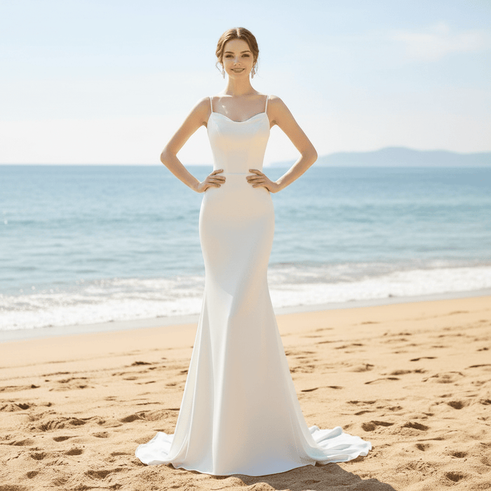 Spaghetti Straps Simple Satin Mermaid Wedding Dress with Open Back - Rosymae
