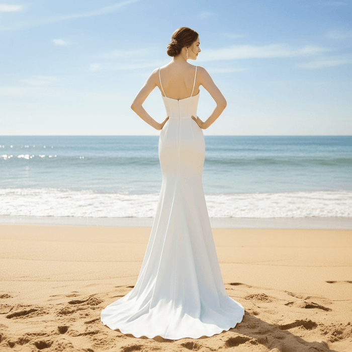 Spaghetti Straps Simple Satin Mermaid Wedding Dress with Open Back - Rosymae