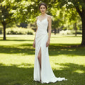 Spaghetti Straps Simple Wedding Dress with High Leg Slit - Rosymae