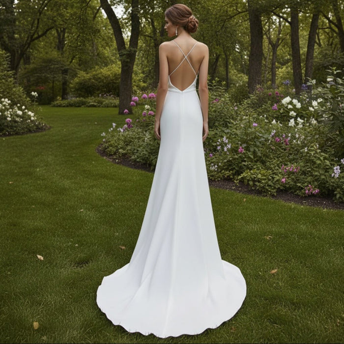 Spaghetti Straps Simple Wedding Dress with High Leg Slit - Rosymae