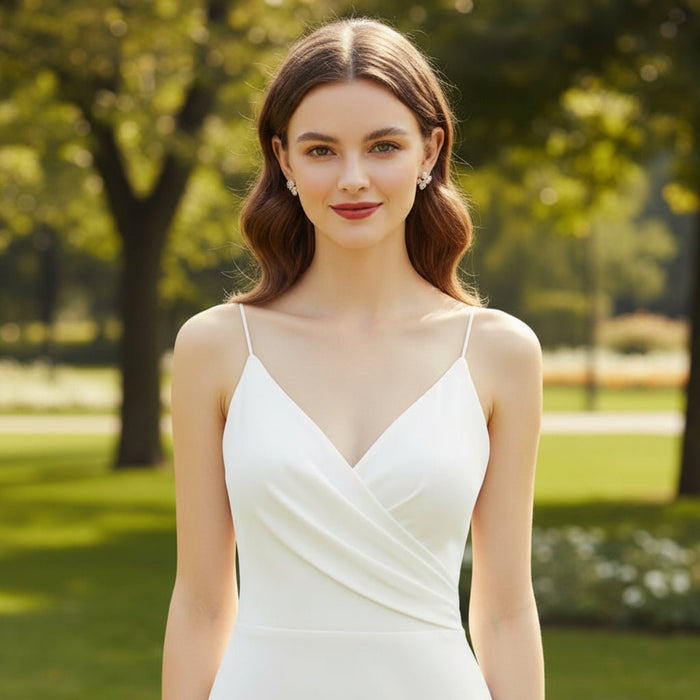 Spaghetti Straps Simple Wedding Dress with High Leg Slit - Rosymae