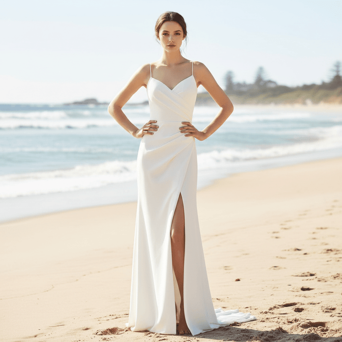 Spaghetti Straps Simple Wedding Dress with High Leg Slit - Rosymae