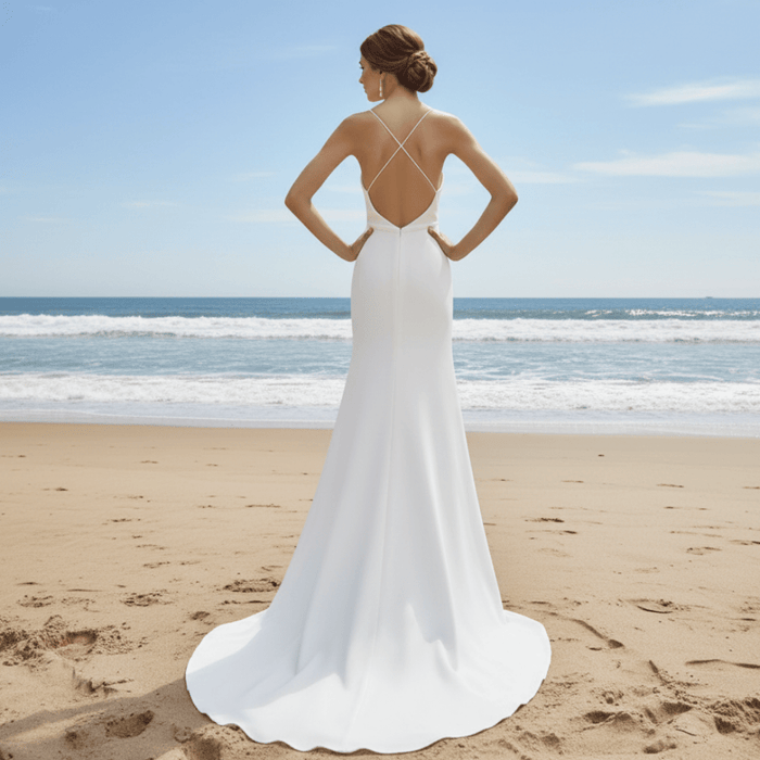 Spaghetti Straps Simple Wedding Dress with High Leg Slit - Rosymae