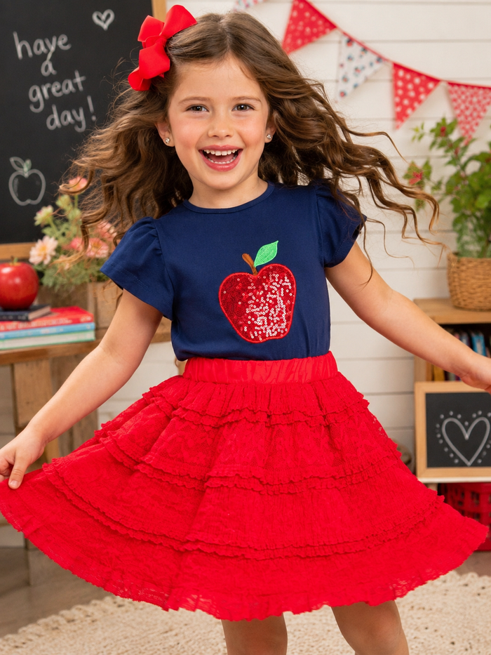 Sparkle Apple Tee & Tiered Lace Ruffle Skirt Set
