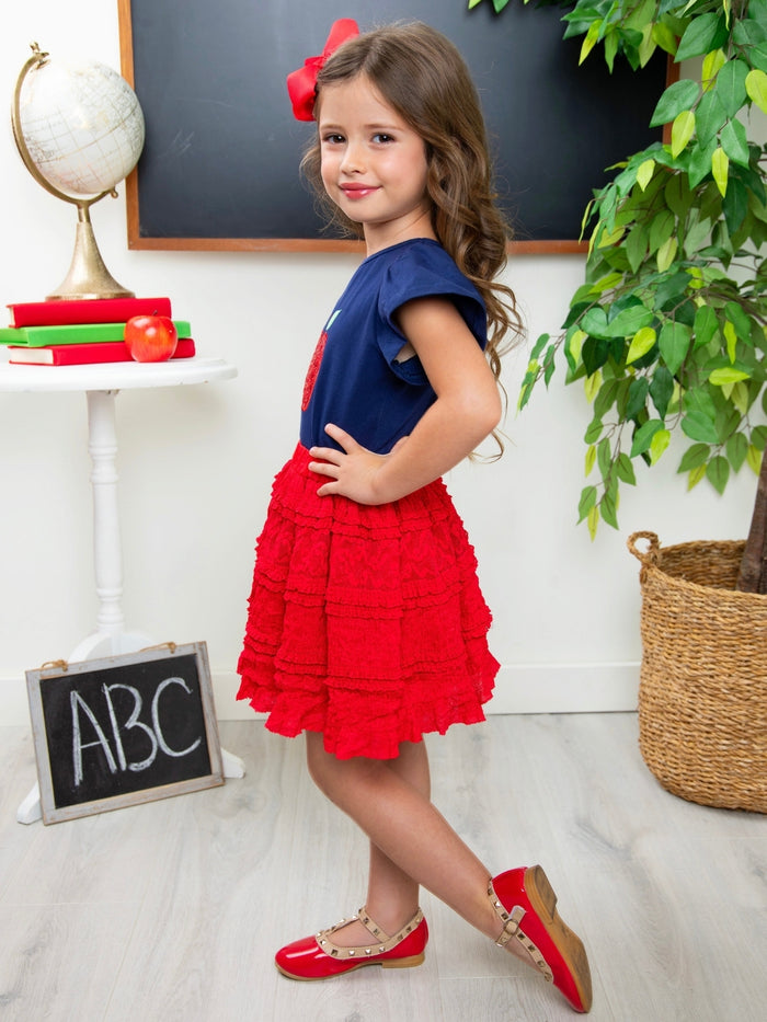 Sparkle Apple Tee & Tiered Lace Ruffle Skirt Set