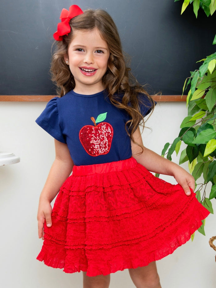 Sparkle Apple Tee & Tiered Lace Ruffle Skirt Set