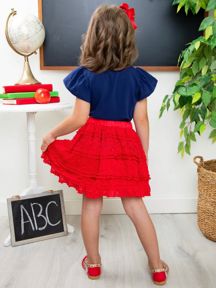 Sparkle Apple Tee & Tiered Lace Ruffle Skirt Set
