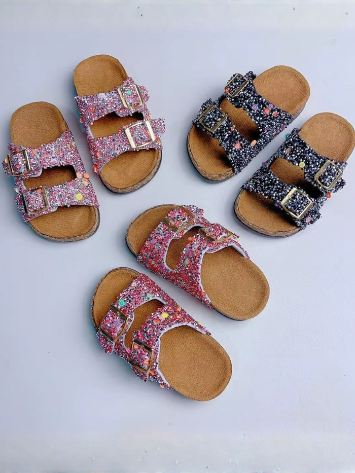 girls glitter slide sandals buckle straps black pink hot pink