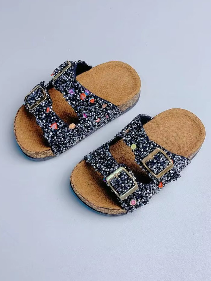 black sparkle sandals kids double strap buckle slide shoes