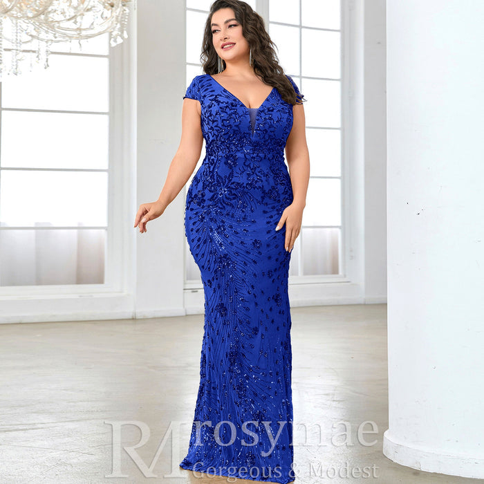 Sparkly Sequined Plus Size Mermaid Long Mother of the Bride Dress - Rosymae