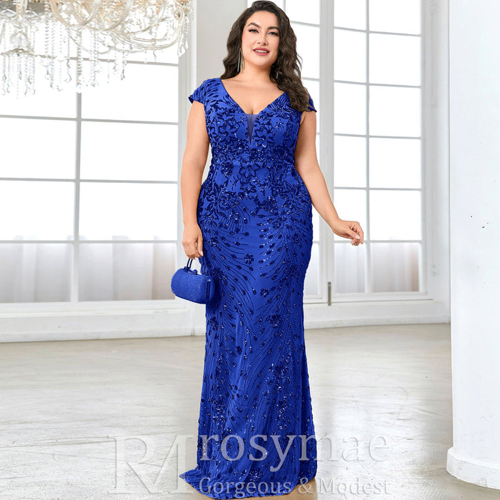 Sparkly Sequined Plus Size Mermaid Long Mother of the Bride Dress - Rosymae