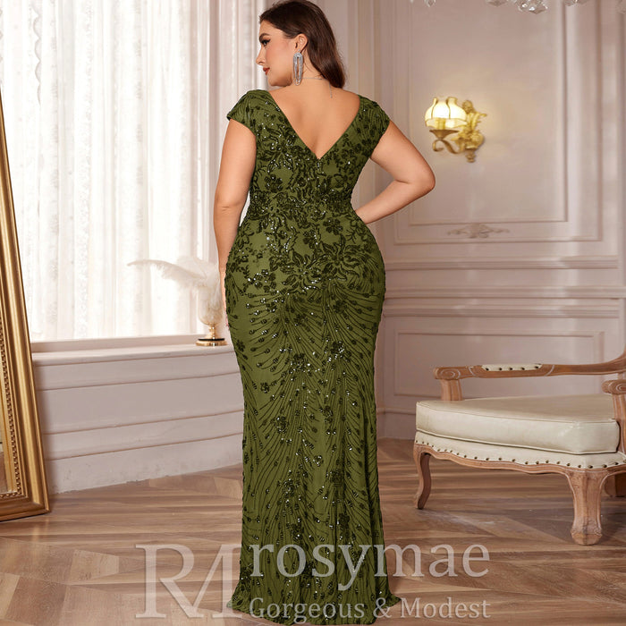 Sparkly Sequined Plus Size Mermaid Long Mother of the Bride Dress - Rosymae