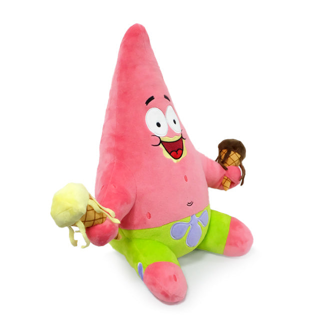 SpongeBob Patrick Star HugMe plush by Kidrobot featuring Patrick holding ice cream, soft and cuddly plush from SpongeBob SquarePants.
