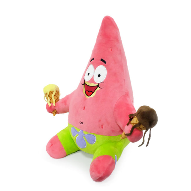 SpongeBob and Patrick Star HugMe plush toys holding ice cream, by Kidrobot, soft and cuddly plush characters from SpongeBob SquarePants.