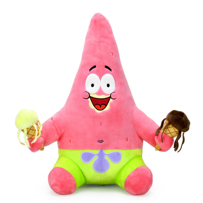 SpongeBob and Patrick Star HugMe plush toys holding ice cream, soft stuffed characters from SpongeBob SquarePants by Kidrobot.