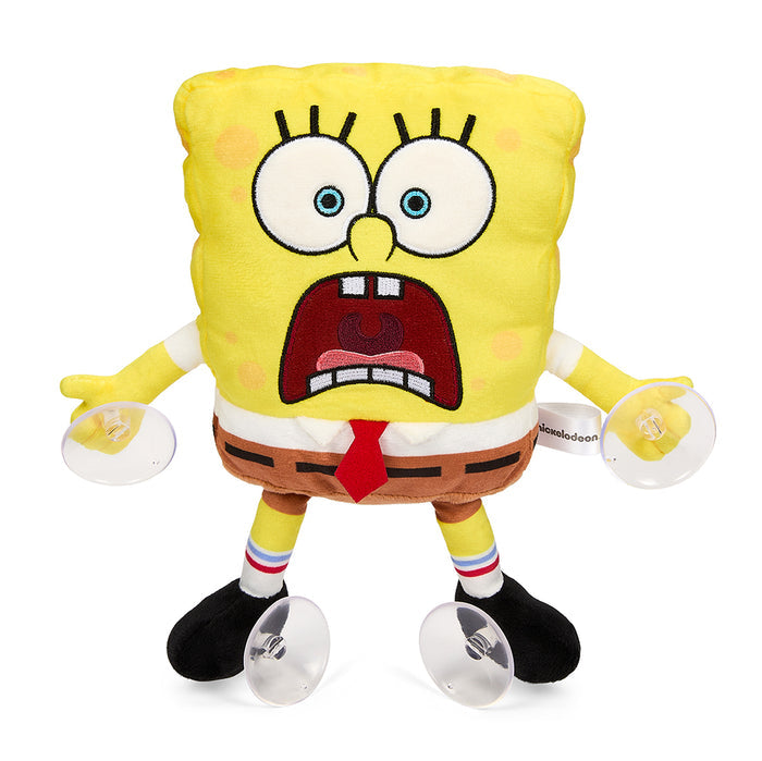 8-inch plush SpongeBob SquarePants window clinger with a scared expression, featuring suction cups for hanging.