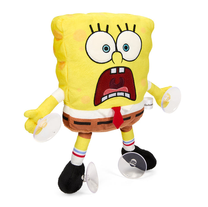 8-inch SpongeBob SquarePants plush with suction cups, showing a scared expression, designed for window clinging decor.