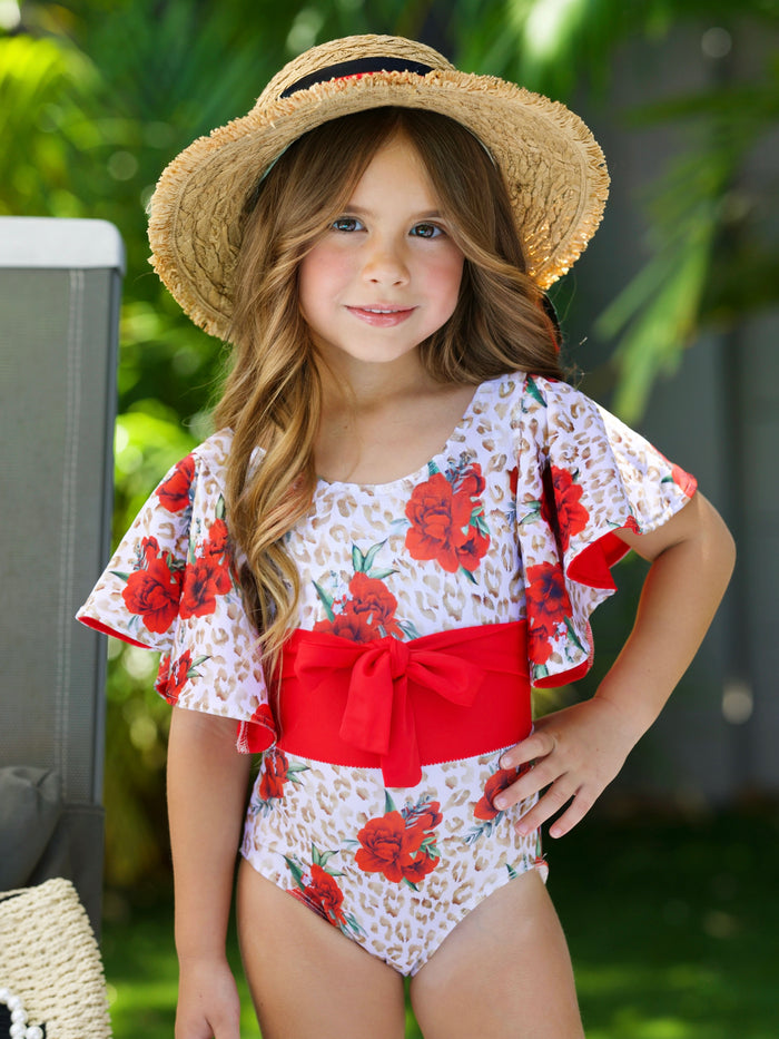 Spots and Petals Flare Sleeve One Piece Swimsuit Mia Belle Girls