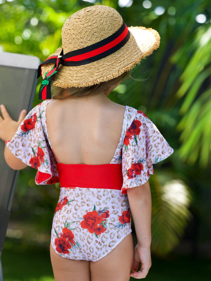 Spots and Petals Flare Sleeve One Piece Swimsuit Mia Belle Girls