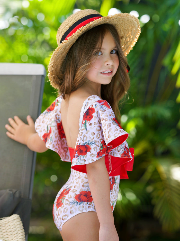 Spots and Petals Flare Sleeve One Piece Swimsuit Mia Belle Girls