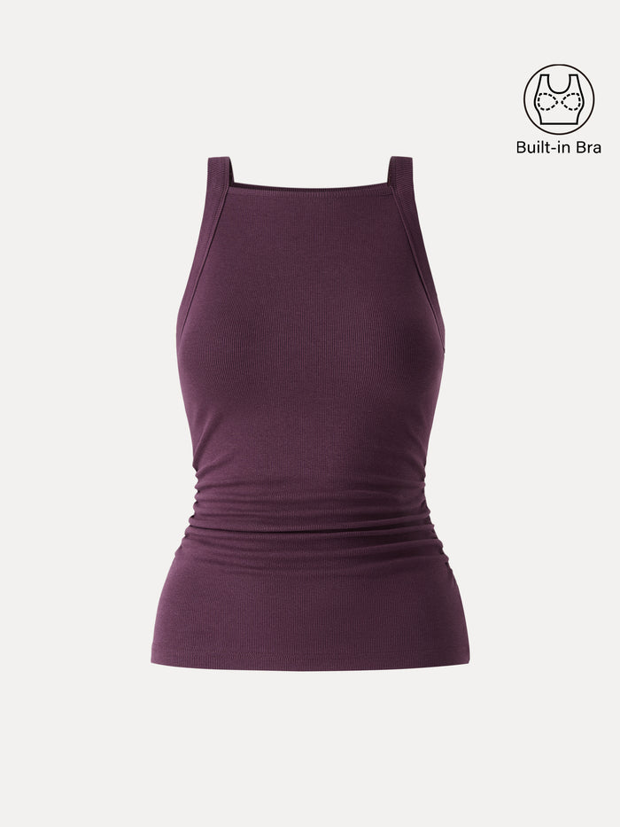 OGLmove Plantive Square Neck Ruched Rib Bra Tank Deep Fig XS