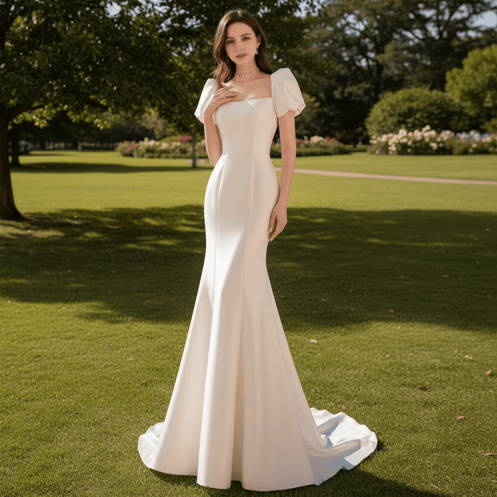 Square Neck Wedding dress With Short Sleeves - Rosymae