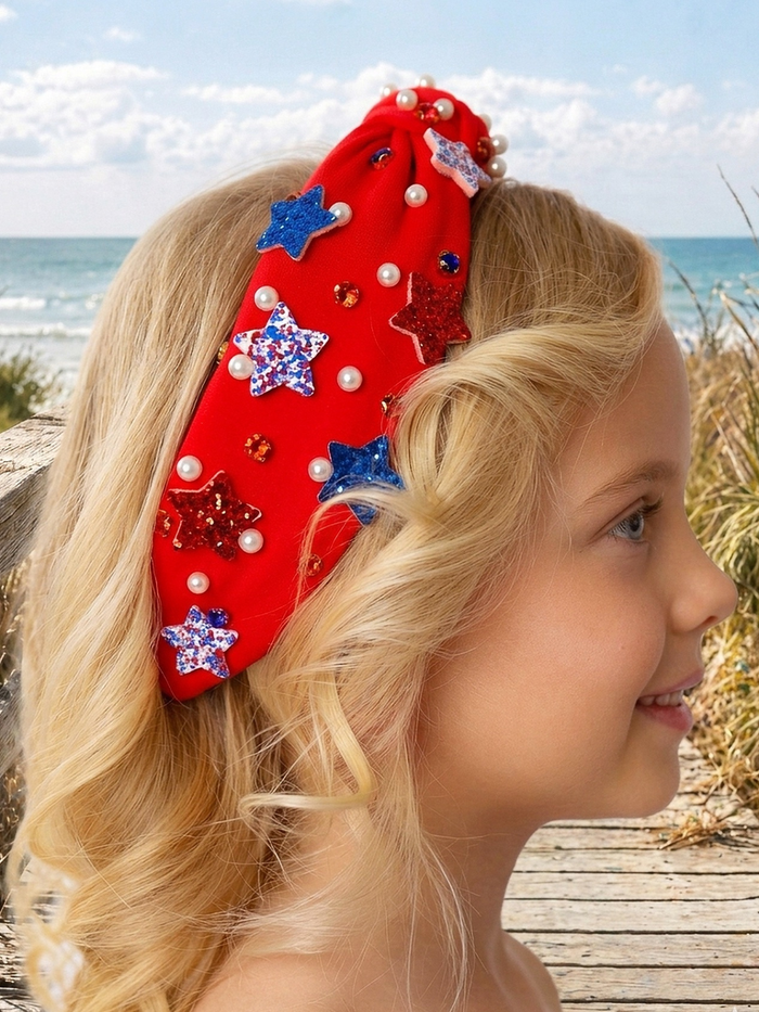 girls patriotic red headband with glitter stars and pearl accents