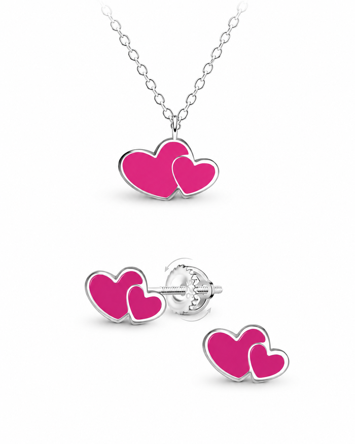 Sterling Silver Pink Heart Pendant Necklace and Stud Earrings Set Mia Belle Girls