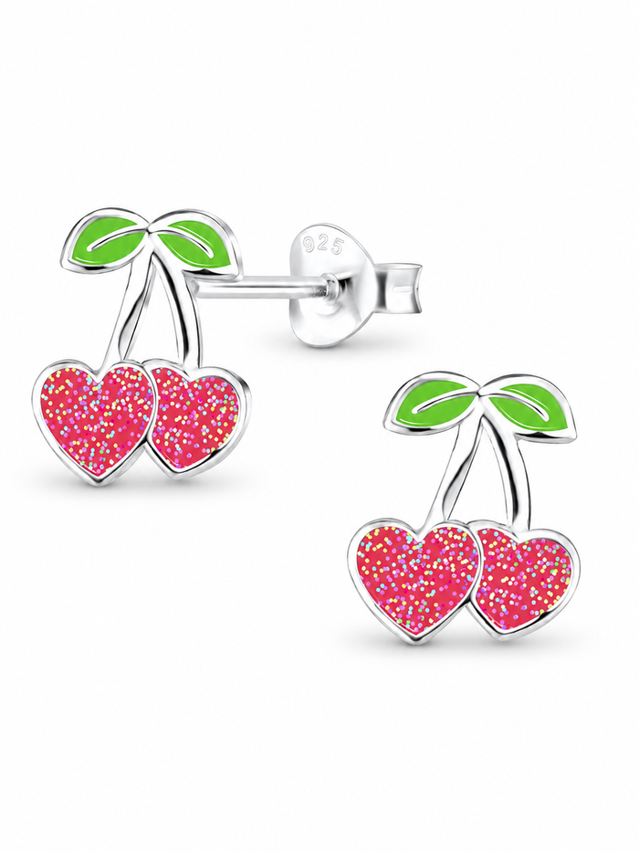 Sterling Silver Stud Earrings Cherry Heart Mia Belle Girls