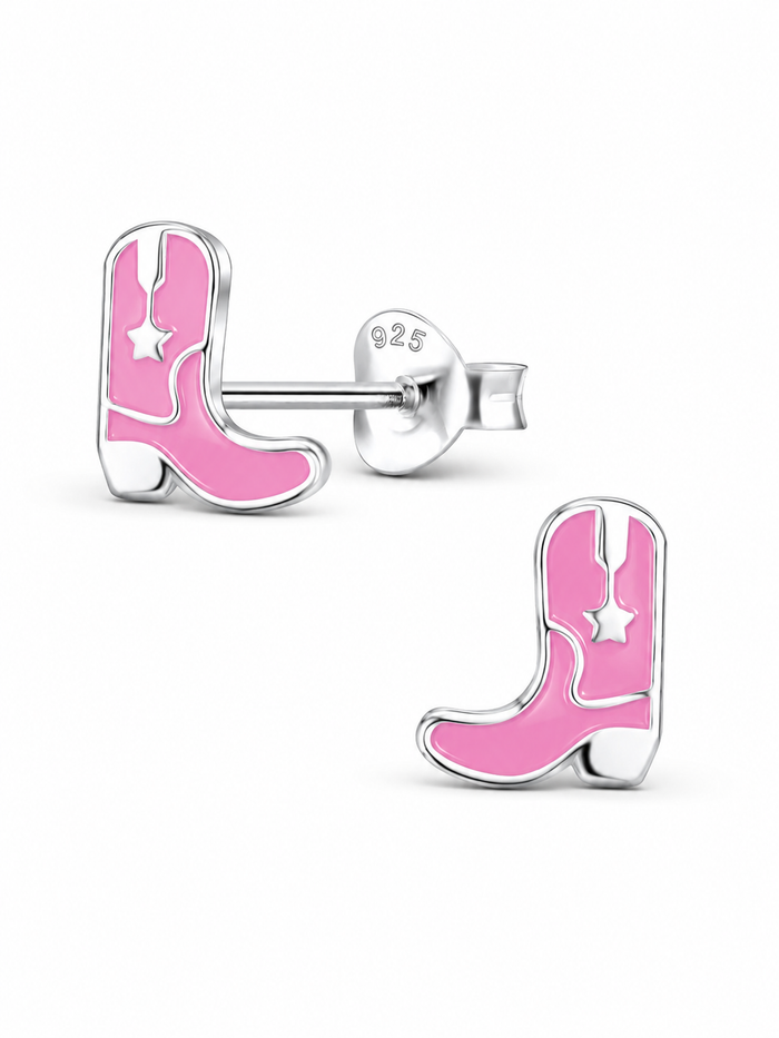 Sterling Silver Stud Earrings Pink Cowboy Boots Mia Belle Girls