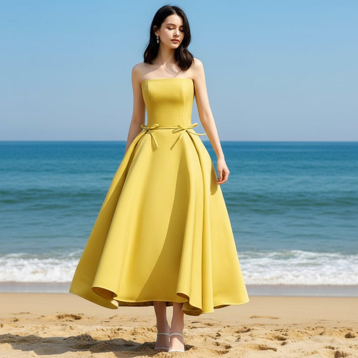 Straight Neckline Mid Calf Satin A-line Gold Wedding Dress - Rosymae
