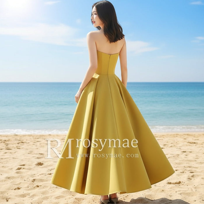 Straight Neckline Mid Calf Satin A-line Gold Wedding Dress - Rosymae
