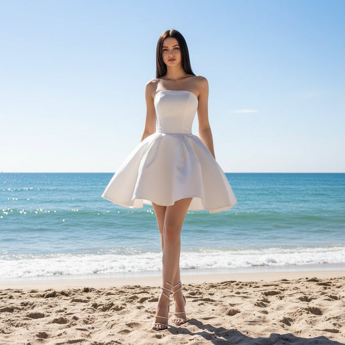 Strapless Above-Knee Taffeta Mini Wedding Dress - Rosymae