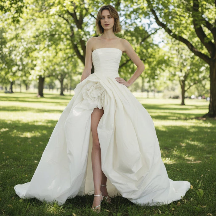 Strapless Hi-Lo Taffeta Bridal Wedding Dresses with Long Train - Rosymae