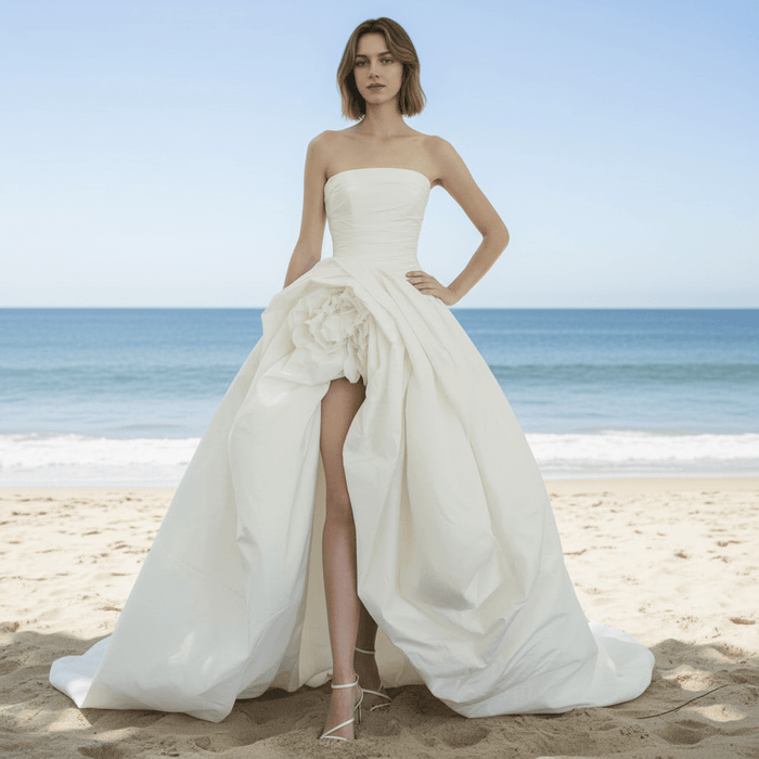 Strapless Hi-Lo Taffeta Bridal Wedding Dresses with Long Train - Rosymae