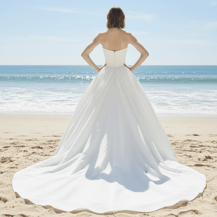 Strapless Hi-Lo Taffeta Bridal Wedding Dresses with Long Train - Rosymae