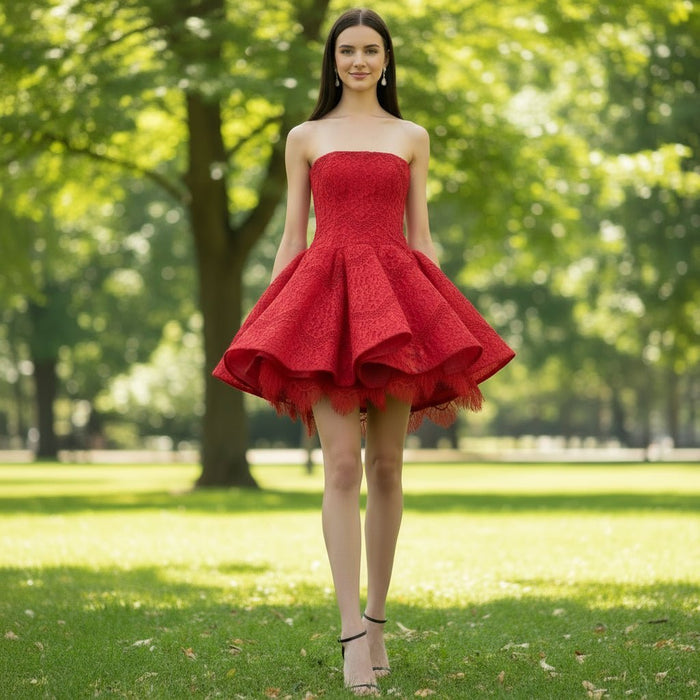 Strapless Mini Red Lace Cocktail Dress with Straight Neckline - Rosymae