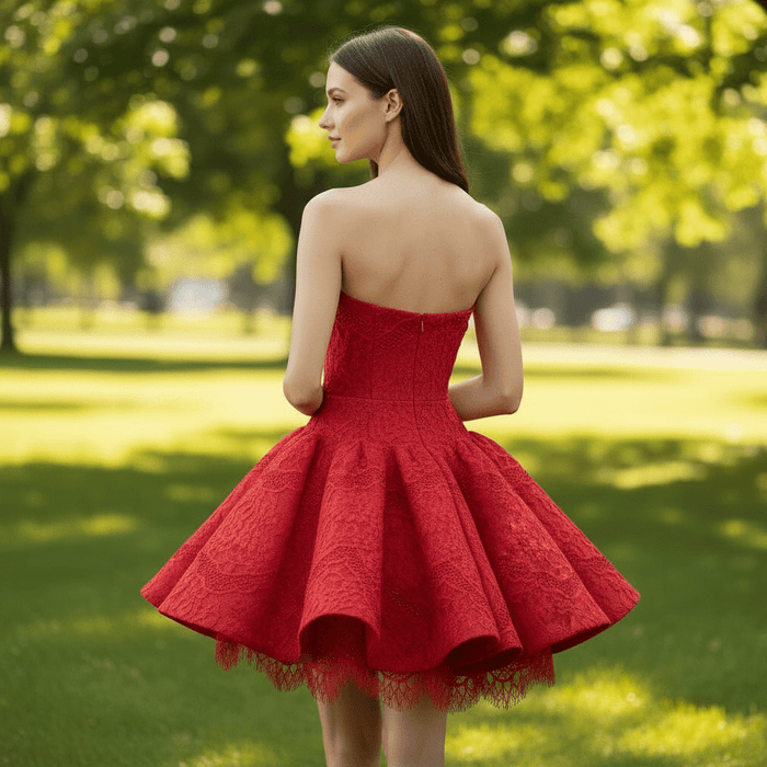 Strapless Mini Red Lace Cocktail Dress with Straight Neckline - Rosymae