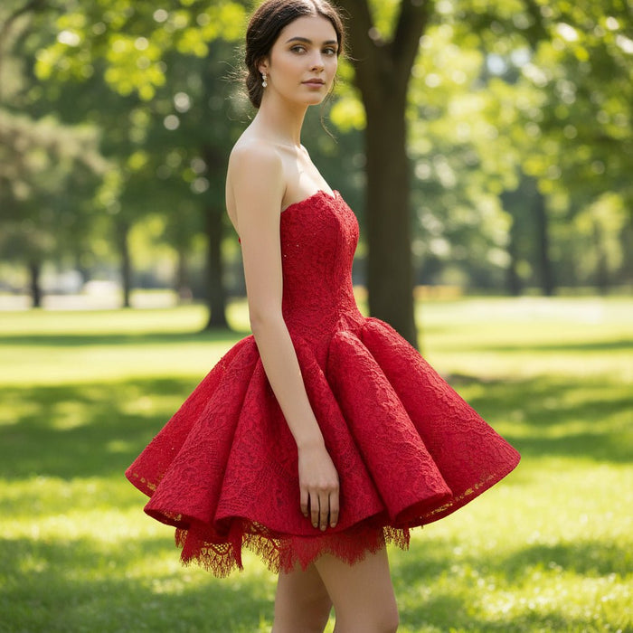 Strapless Mini Red Lace Cocktail Dress with Straight Neckline - Rosymae