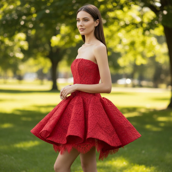 Strapless Mini Red Lace Cocktail Dress with Straight Neckline - Rosymae