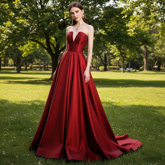 Strapless Open Back Red Bridesmaid Dress with Vneck - Rosymae