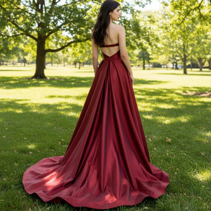 Strapless Open Back Red Bridesmaid Dress with Vneck - Rosymae