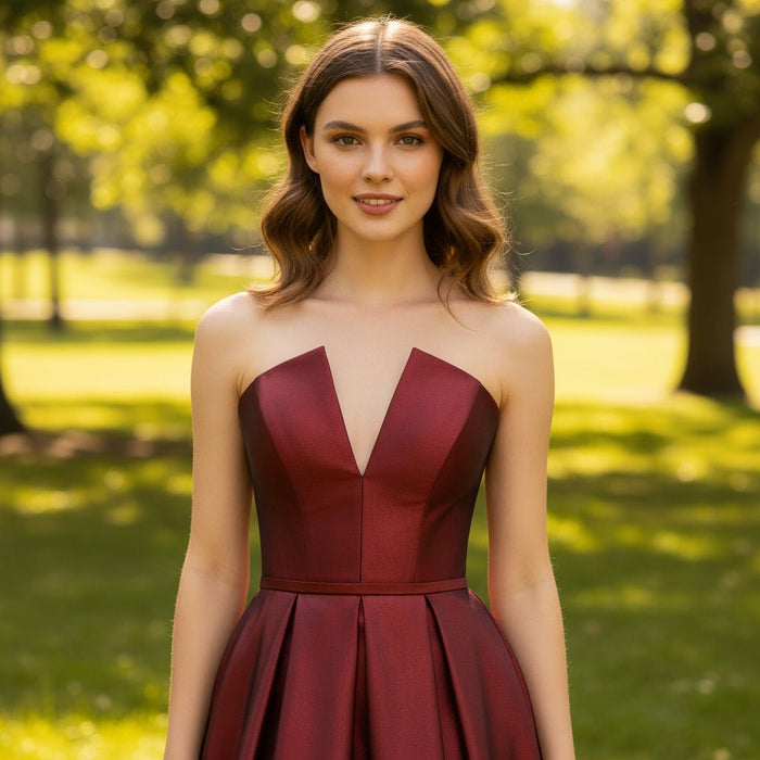 Strapless Open Back Red Bridesmaid Dress with Vneck - Rosymae
